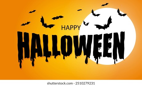 Vector illustration. Happy Halloween sale banner or party invitation on orange and blue background with full moon, flying bats, spiders, ghost. 
Halloween liquid lettering. Text design.