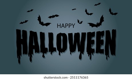 Vector illustration. Happy Halloween sale banner or party invitation on orange and blue background with full moon, flying bats, spiders, ghost. 
Halloween liquid lettering. Text design.