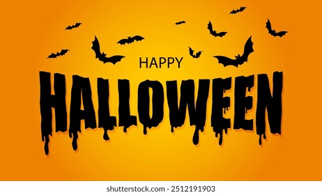 Vector illustration. Happy Halloween sale banner or party invitation on orange and blue background with full moon, flying bats, spiders, ghost. 
Halloween liquid lettering. Text design.