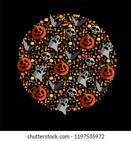 Vector illustration happy Halloween seamless background with hand drawing elements-pumpkin, Ghost, bat, candy, skull, on orange and black background. The Banner Text. Autumn poster for Halloween. 