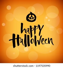 Vector illustration happy Halloween seamless background with hand drawing elements-pumpkin, Ghost, bat, candy, skull, on orange and black background.  Autumn poster for Halloween. Lettering for logo.