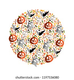 Vector illustration happy Halloween seamless background with hand drawing elements-pumpkin, Ghost, bat, candy, skull, on orange and black background. The Banner Text. Autumn poster for Halloween. 