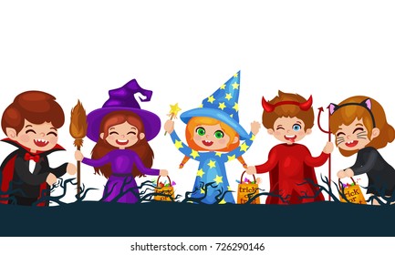 Vector illustration of Happy Halloween. Set of cute cartoon children in colorful halloween costumes: Dracula,  sorceress, devil , witch , cat