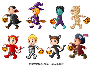 Vector illustration of Happy Halloween. Set of cute cartoon children in Halloween costumes