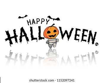 Vector illustration of happy Halloween text with Halloween's characters on white background. Hand draw alphabet banner design for holiday greeting card.