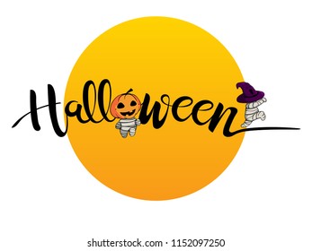 Vector illustration of happy Halloween text with Halloween's characters on white background. Hand draw alphabet banner design for holiday greeting card.