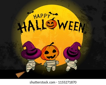 Vector illustration of happy Halloween text with Halloween's characters on grunge moon background. Hand draw alphabet banner design for holiday greeting card.