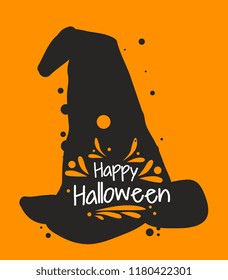 Vector illustration of Happy Halloween text for party invitation, greeting card, banner. Handwritten holiday calligraphy Halloween poster, badge template. vector illustration