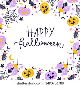 Vector illustration of Happy Halloween text for party. Halloween pattern. Magic Halloween objects. 