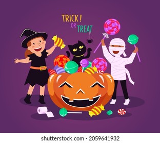 Vector illustration Happy Halloween (trick or treat) celebration with the characters for party invitation such as Banners, webpage, flyer, brochure, card