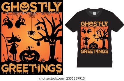 Vector illustration of a happy Halloween t-shirt design. It's Halloween night, magical moments with which, ghost, witch, horrible pumpkin and tree. Ghost party with Typography Halloween Shirt Design.