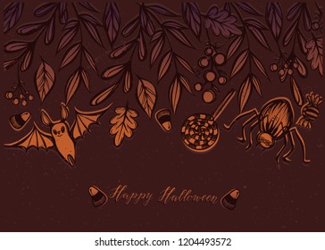 Vector illustration, Happy Halloween,branches and leaves,sweets, spider, bat, mysticism. Handmade, prints, background dark