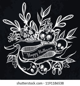 Vector illustration, Happy Halloween,different plants, poisoned apple, skull, ghost, mysticism. Handmade, prints, background chalkboard