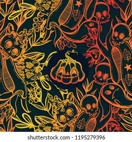 Vector illustration, Happy Halloween,different plants, poisoned apple,pumpkin, skull, ghost, mysticism. Handmade, seamless pattern, prints, background dark