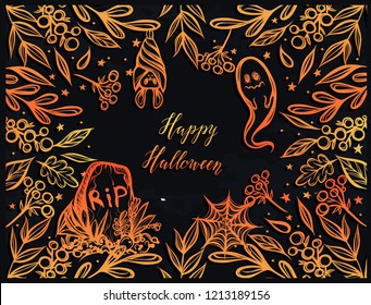 Vector illustration, Happy Halloween,different plants,grave, ghost, bat, mysticism, prints. Handmade, background chalkboard