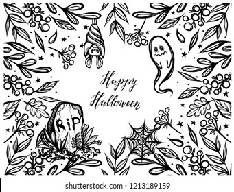 Vector illustration, Happy Halloween,different plants,grave, ghost, bat, mysticism, prints. Handmade, background white