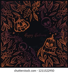 Vector illustration, Happy Halloween,different plants,pumpkins,skull, mysticism, prints. Handmade, background chalkboard