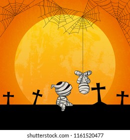 Vector illustration of happy Halloween's characters on grunge moon background. Hand draw banner design for holiday greeting card.