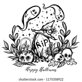 Vector illustration, Happy Halloween,skull, grave, ghosts, mysticism. Handmade, prints on T-shirts, background white