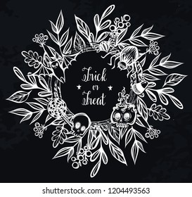 Vector illustration, Happy Halloween,wreath of branches and leaves,sweets, skull, spider, bat, mysticism. Handmade, prints, background chalkboard