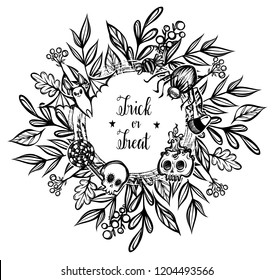 Vector illustration, Happy Halloween,wreath of branches and leaves,sweets, skull, spider, bat, mysticism. Handmade, prints, background white