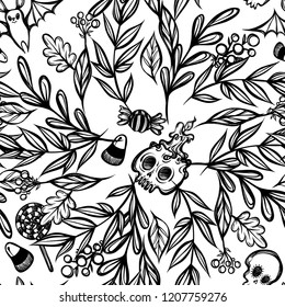 Vector illustration, Happy Halloween,wreath of branches and leaves,sweets, skull, spider, bat, mysticism. Handmade, prints, background white, seamless pattern