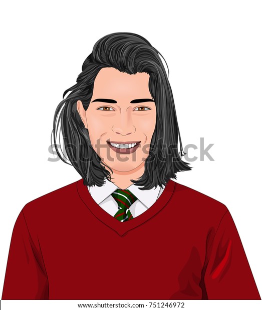 Vector illustration of happy handsome guy in Christmas office style clothes with tie under the white background. Cartoon realistic people illustration. Young man with long black hair.