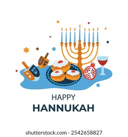  Ilustração vetorial do banner "Happy Hanukkah" com atributos de feriado. Vetor em estilo plano