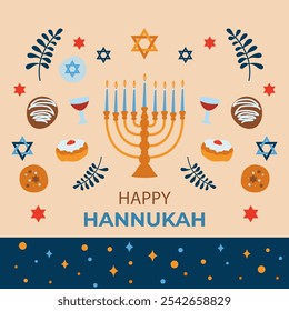  Ilustração vetorial do banner "Happy Hanukkah" com atributos de feriado. Vetor em estilo plano