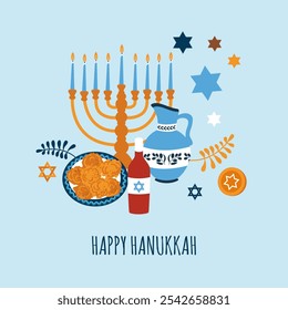  Ilustração vetorial do banner "Happy Hanukkah" com atributos de feriado. Vetor em estilo plano