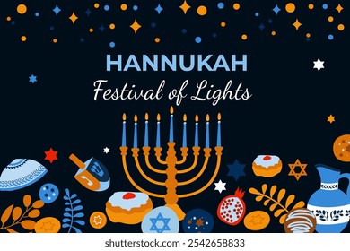  Ilustração vetorial do banner "Happy Hanukkah" com atributos de feriado. Vetor em estilo plano