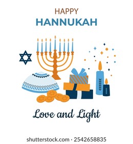  Ilustração vetorial do banner "Happy Hanukkah" com atributos de feriado. Vetor em estilo plano