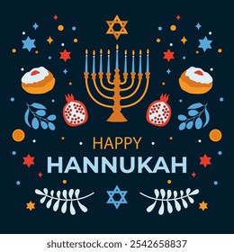  Ilustração vetorial do banner "Happy Hanukkah" com atributos de feriado. Vetor em estilo plano