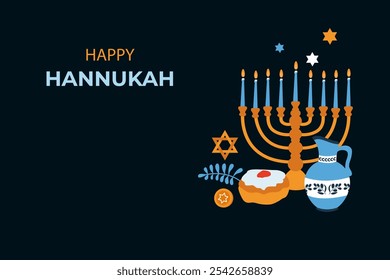  Ilustração vetorial do banner "Happy Hanukkah" com atributos de feriado. Vetor em estilo plano