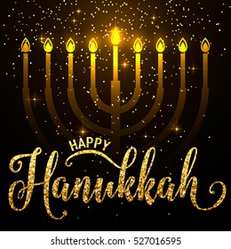 Vector illustration of happy Hanukkah gold greeting card with lettering text sign. Golden background for Hanukkah with candlestick with nine shiny candles