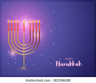 Vector illustration of Happy Hanukkah greeting, Jewish holiday, menorah (ancient Hebrew lampstand) and burning candles, bokeh background, holiday wishes banner.