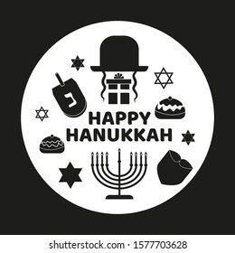 Vector illustration Happy Hanukkah with holiday attributes. Template for banner, postr and greeting card. Menorah, star of David, Sufganiyot, 
dreidel beard, jewish hat, 