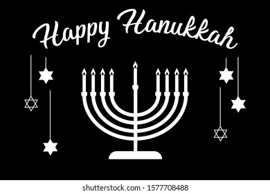 Vector illustration of Happy Hanukkah with holiday attributes. Template for banner, poster and greeting card. Menorah, Star of David. Inscription