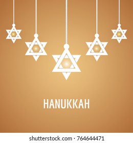 Vector illustration of Happy Hanukkah, Jewish holiday background with hanging star of David. Hanukkah background for holidy design, poster and banners