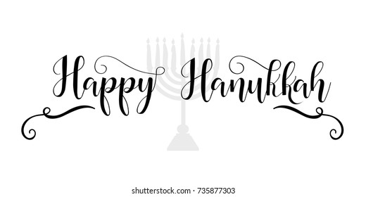 Vector illustration of Happy Hanukkah lettering text sign isolated on white background. Judaism candelabrum symbol. Hanukkah logo for greeting card template