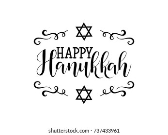 Vector illustration of Happy Hanukkah.  lettering text sign isolated on white background. Judaism candelabrum symbol. Hanukkah logo for greeting card template