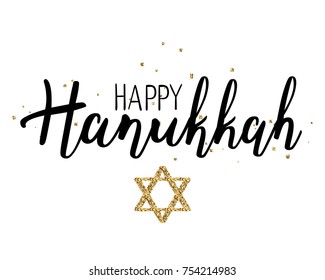 Vector illustration of Happy Hanukkah. Lettering text sign isolated on white background. Judaism symbol. Hanukkah logo for greeting card template