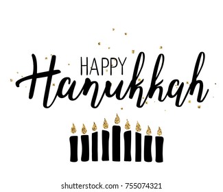 Vector illustration of Happy Hanukkah. Lettering text sign isolated on white background. Judaism symbol. Hanukkah logo for greeting card template