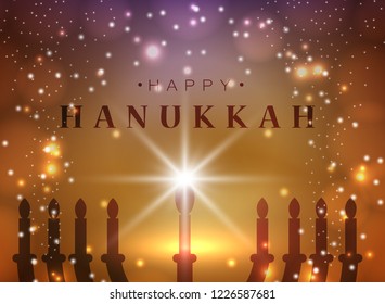 Vector illustration. Happy Hanukkah typography vector design for greeting cards and poster design template celebration. . Beautiful Hanukkah background, blurred festive lights.