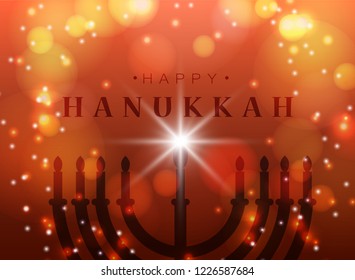 Vector illustration. Happy Hanukkah typography vector design for greeting cards and poster design template celebration. . Beautiful Hanukkah background, blurred festive lights.