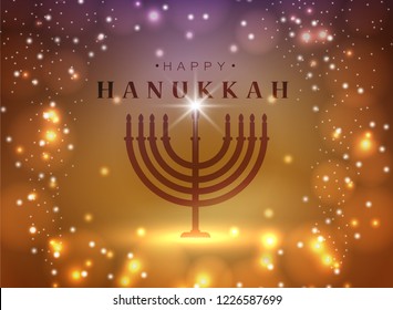 Vector illustration. Happy Hanukkah typography vector design for greeting cards and poster design template celebration. . Beautiful Hanukkah background, blurred festive lights.