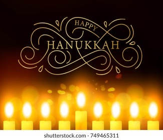 Vector illustration. Happy Hanukkah typography vector design for greeting cards and poster design template celebration. Beautiful  background with burning candles.