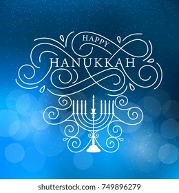 Vector illustration. Happy Hanukkah typography vector design for greeting cards and poster design template celebration. Hanukkah beautiful inscription. Beautiful  background, blurred festive lights. 