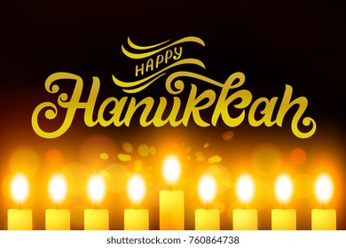 Vector illustration. Happy Hanukkah typography vector design for greeting cards and poster design template celebration. Hanukkah beautiful inscription. Beautiful  background with burning candles.