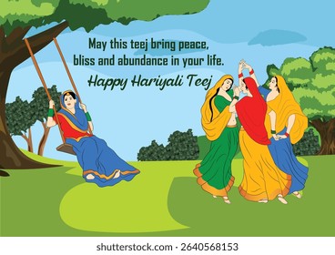 Vector illustration of happy hariyali teej, woman swinging on swing and other woman dancing in hariyali.
